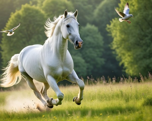 Majestic White Horse Galloping in Green Field