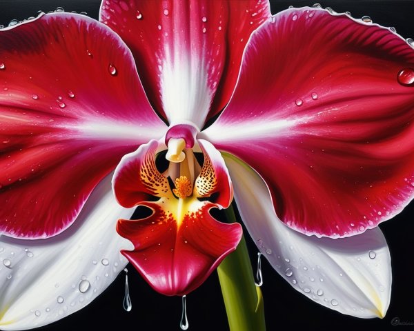 Close-up of a vibrant red orchid with dew drops