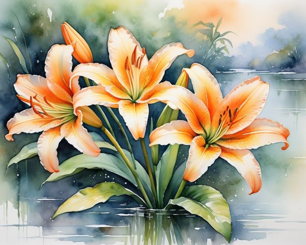 Vibrant Watercolor of Three Blooming Orange Lilies