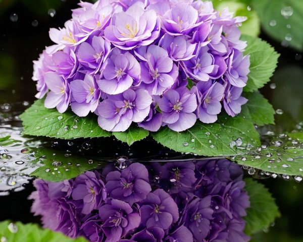 Lush Purple Hydrangeas on Green Leaf with Raindrops