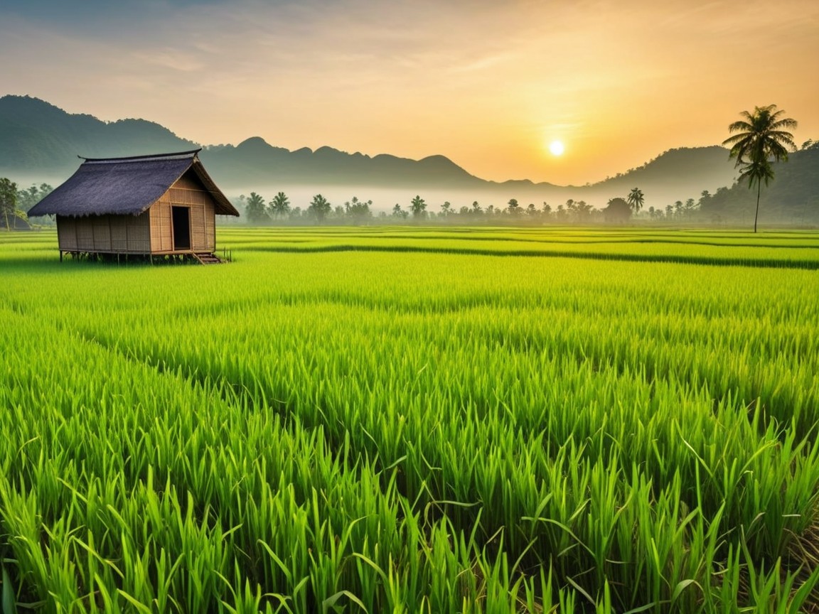 Tranquil Landscape with Rice Fields and Sunrise Glow