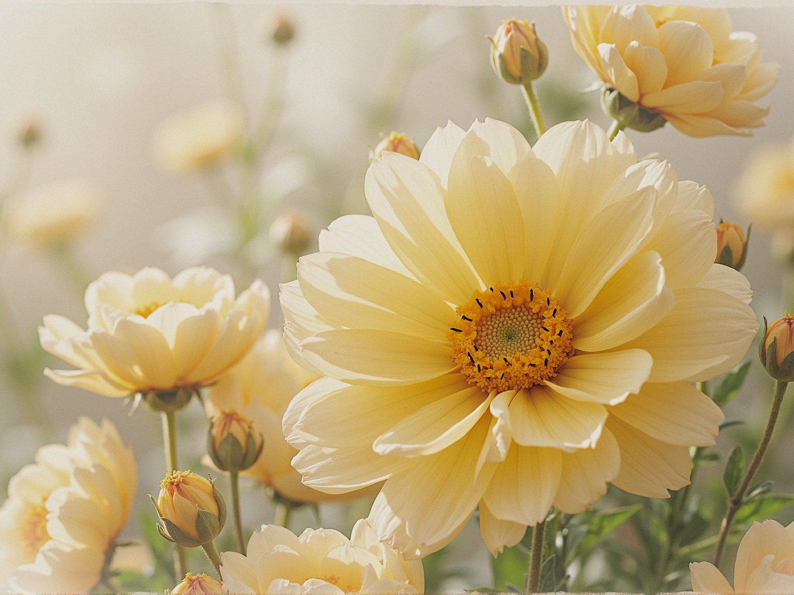 Vibrant Yellow Flowers with Layered Petals and Green Leaves