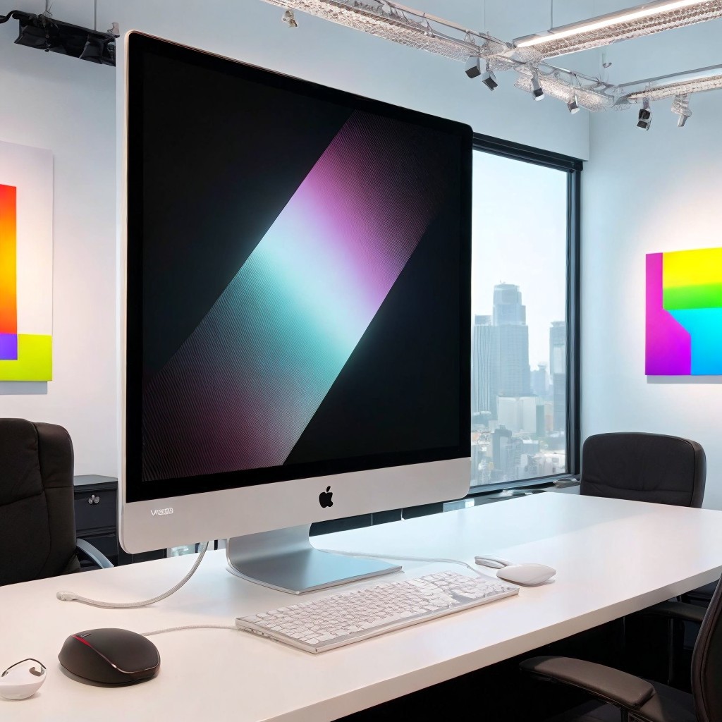 Modern Workspace with Apple Computer and Abstract Art