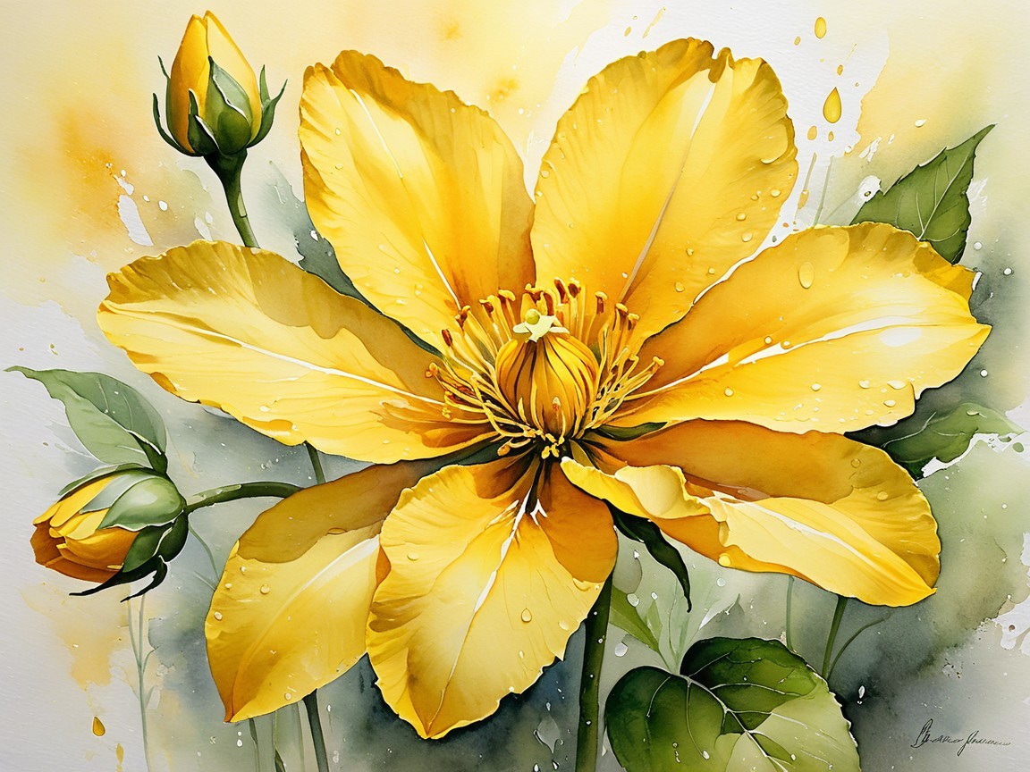 Vibrant Watercolor of Yellow Flower and Green Leaves
