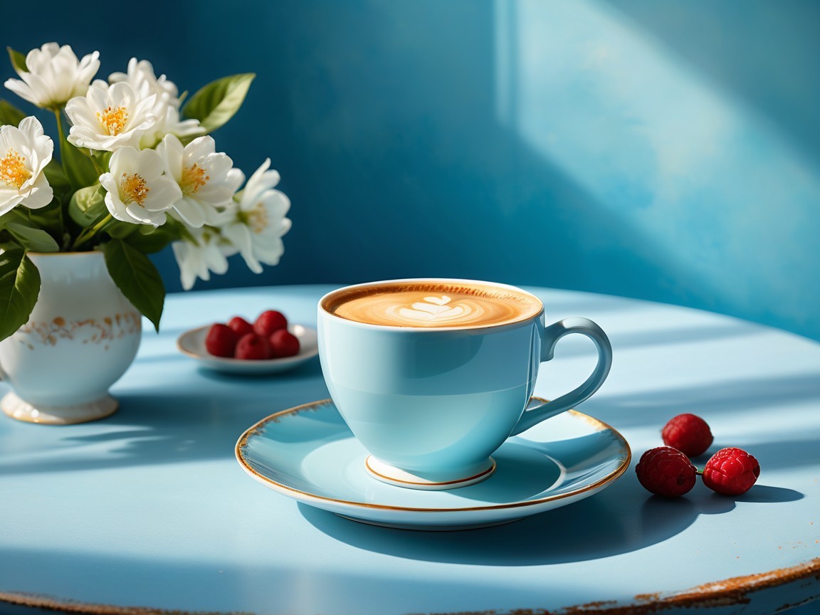 Blue Ceramic Cup with Latte Art and Fresh Raspberries