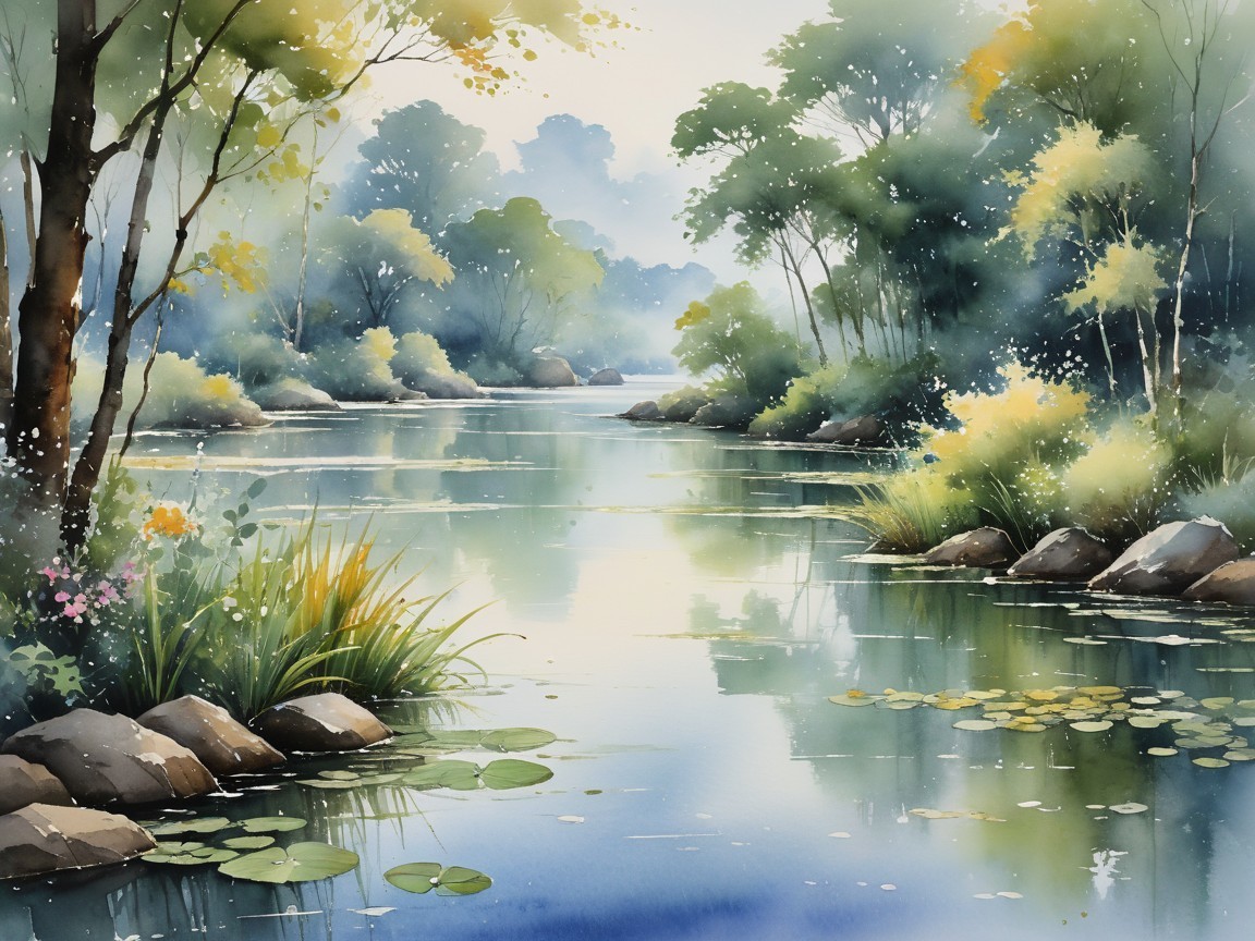 Watercolor Landscape of a Tranquil River Scene