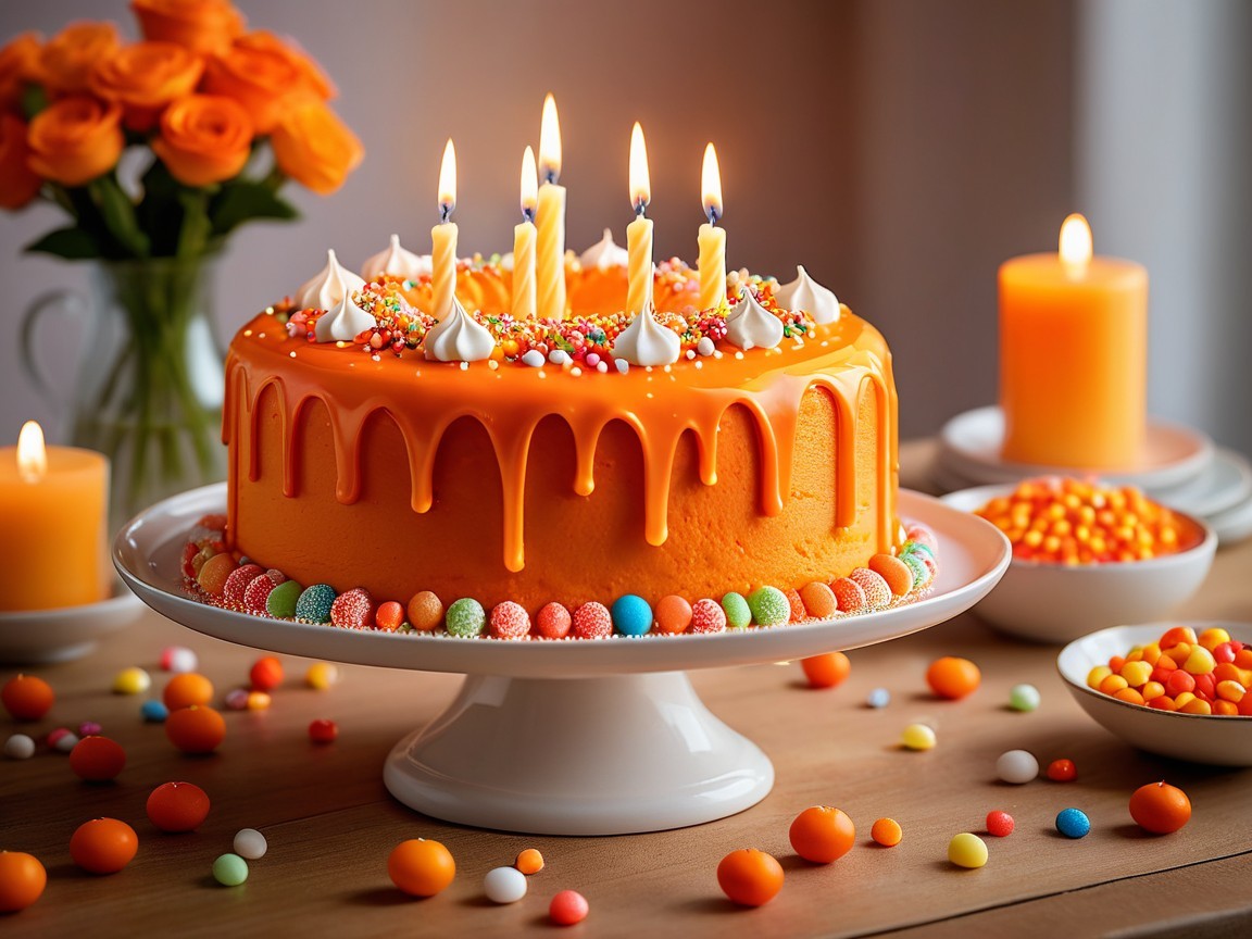 Vibrant orange cake with sprinkles and candles displayed