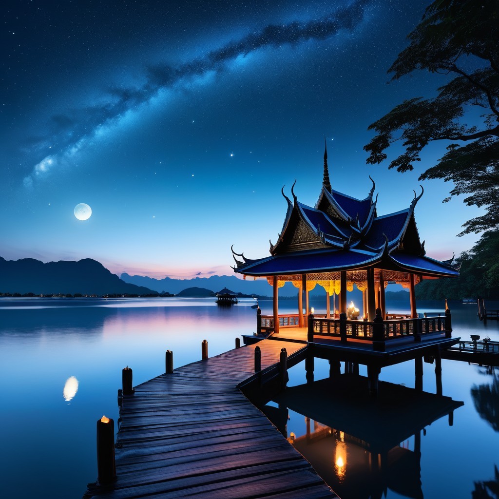 Twilight Pavilion by a Still Lake Under a Crescent Moon
