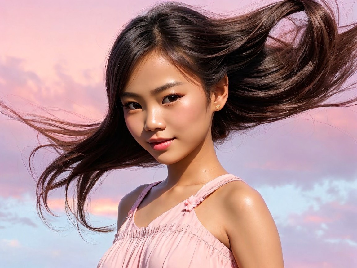 Young woman in pink dress against pastel sky