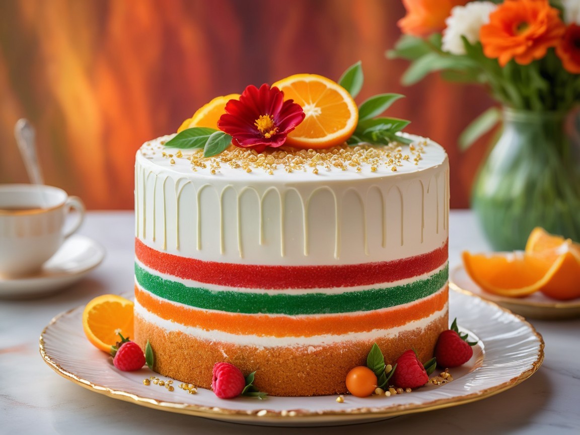 Colorful Layered Cake with Frosting and Decorations