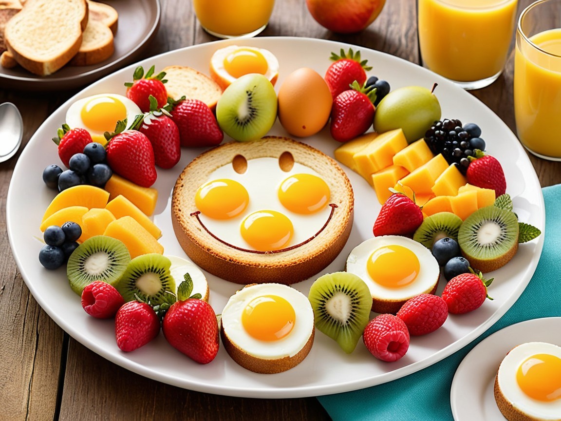 Vibrant Breakfast Platter with Toast, Eggs, and Fruits