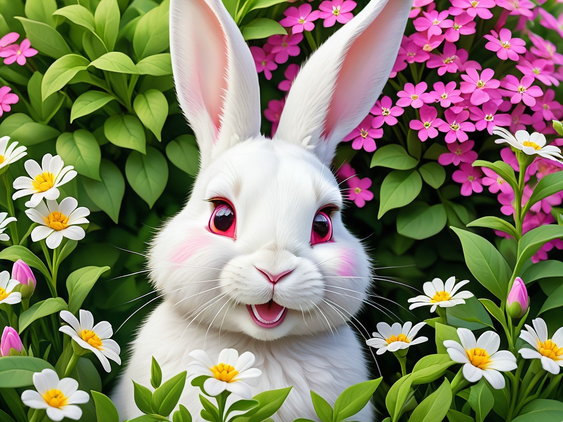 Cheerful Rabbit in a Vibrant Spring Garden Scene