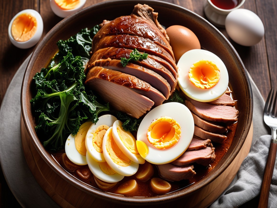 Roasted Meat Dish with Kale and Boiled Eggs