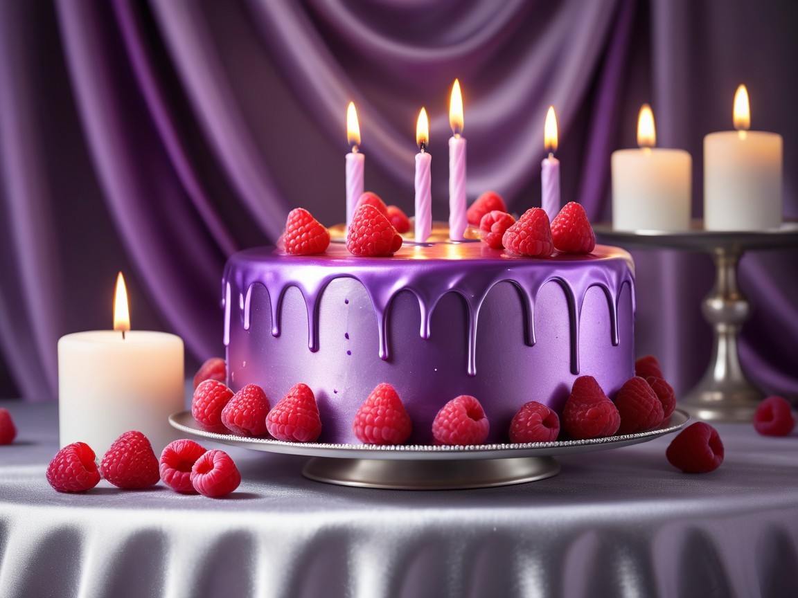 Purple Cake with Raspberries and Lit Candles