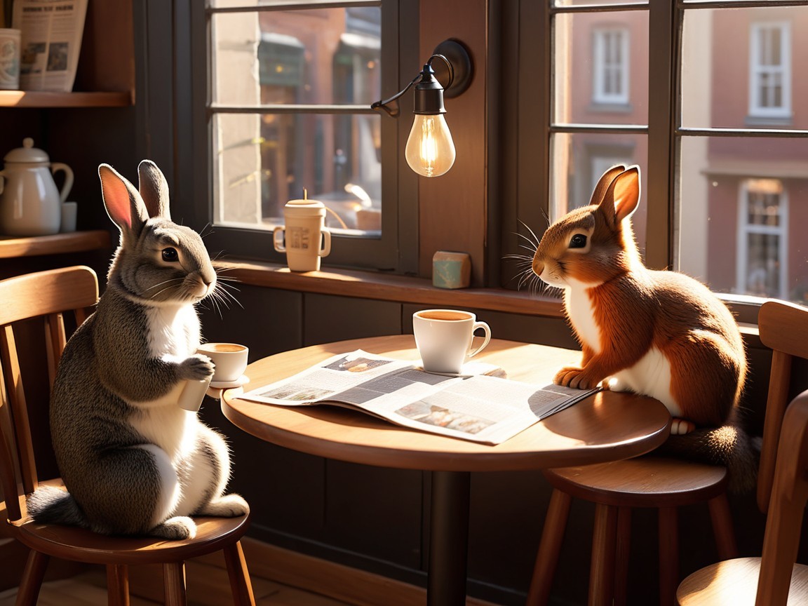 Charming rabbits in a cozy café setting