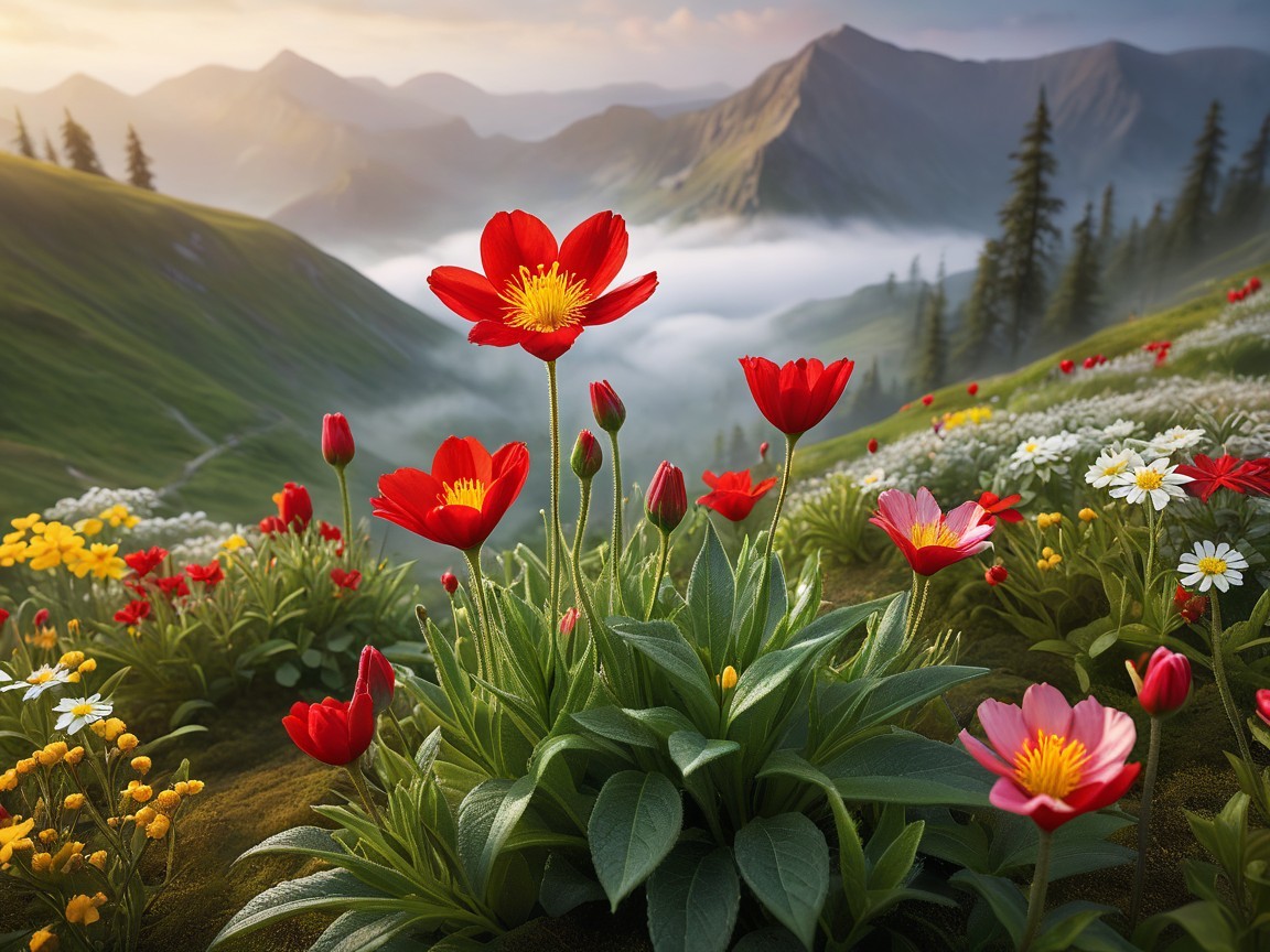 Vibrant Meadow with Colorful Flowers and Mountains
