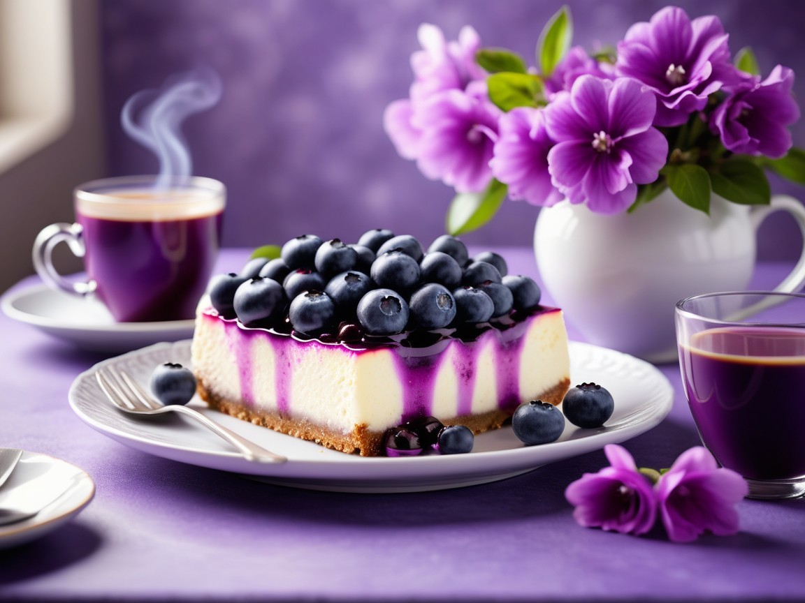 Purple-Themed Breakfast with Blueberry Cheesecake