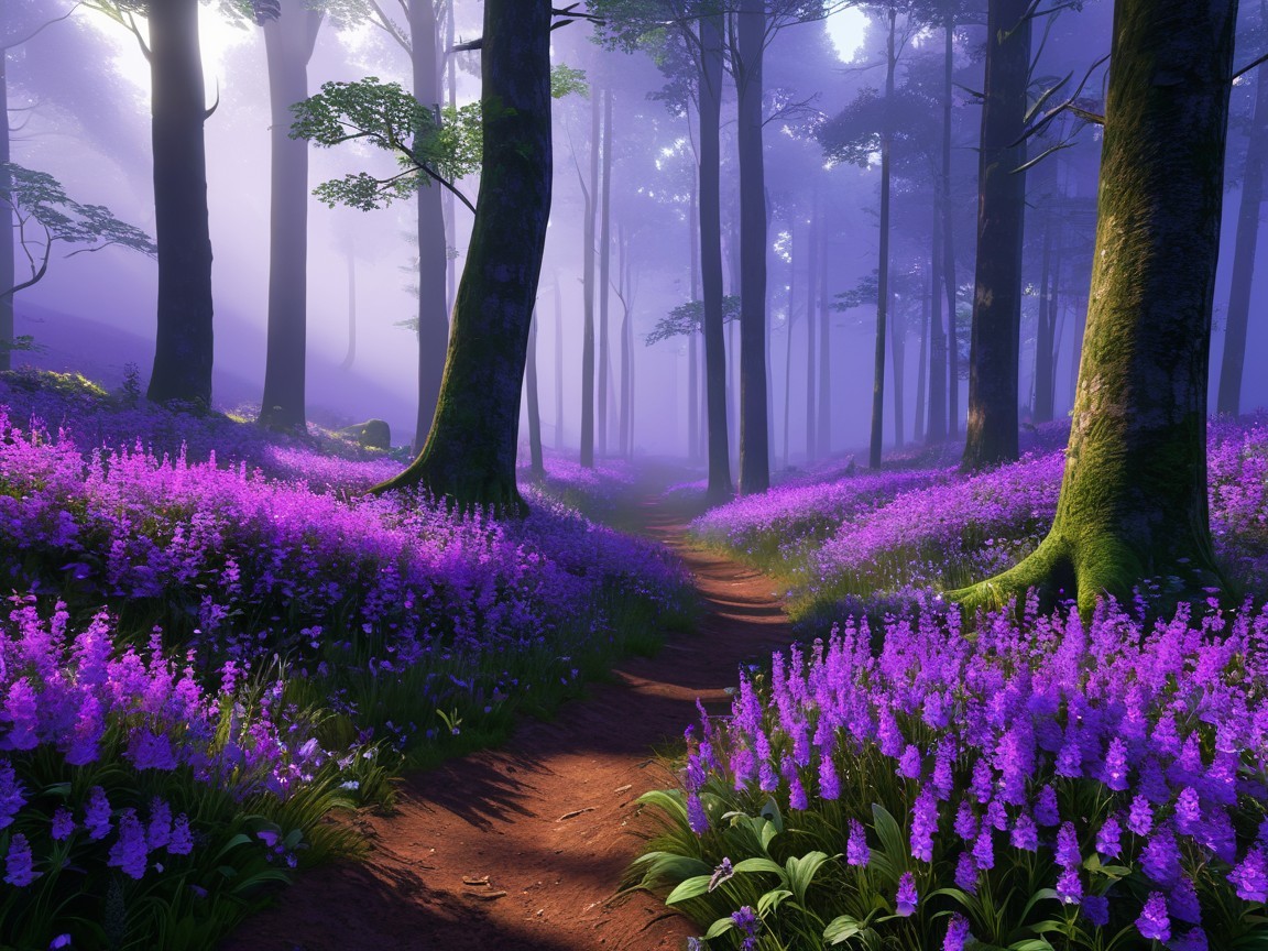 Serene Forest Path with Purple Flowers and Tall Trees