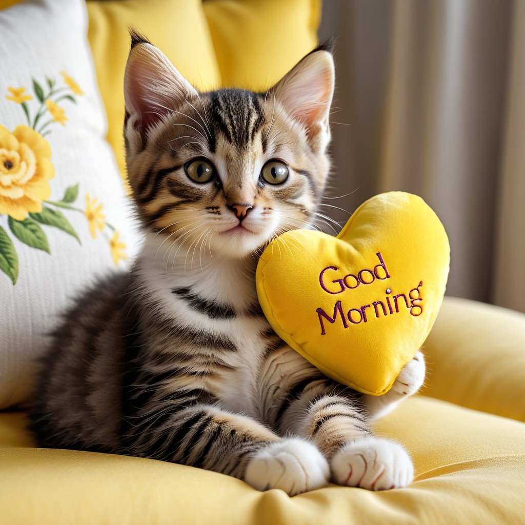 Tabby Kitten on Yellow Sofa with Heart Pillow