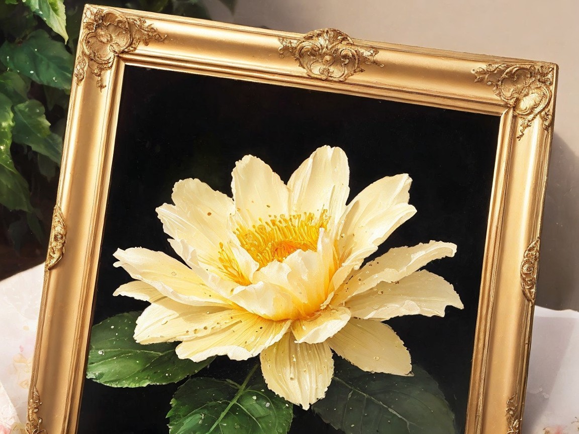 Framed Painting of Yellow Peony on Black Background