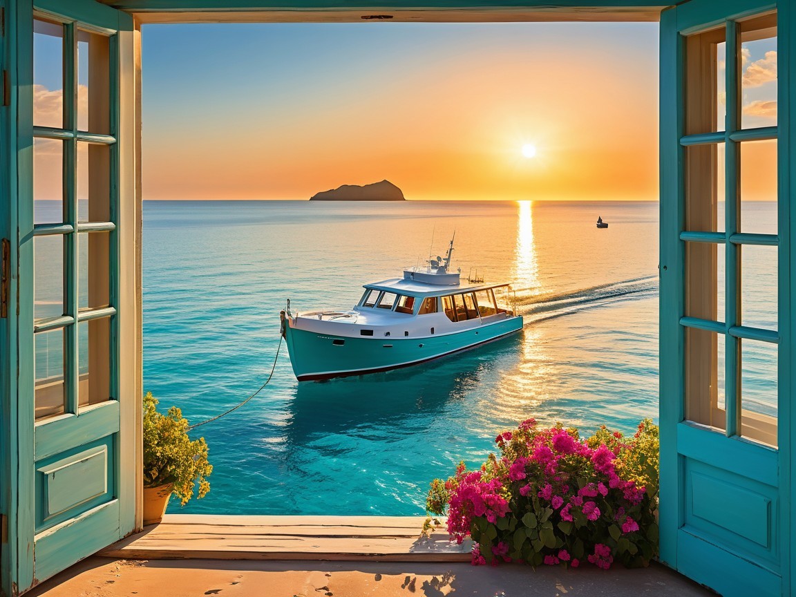 Serene Seascape with Sunset and Turquoise Doors
