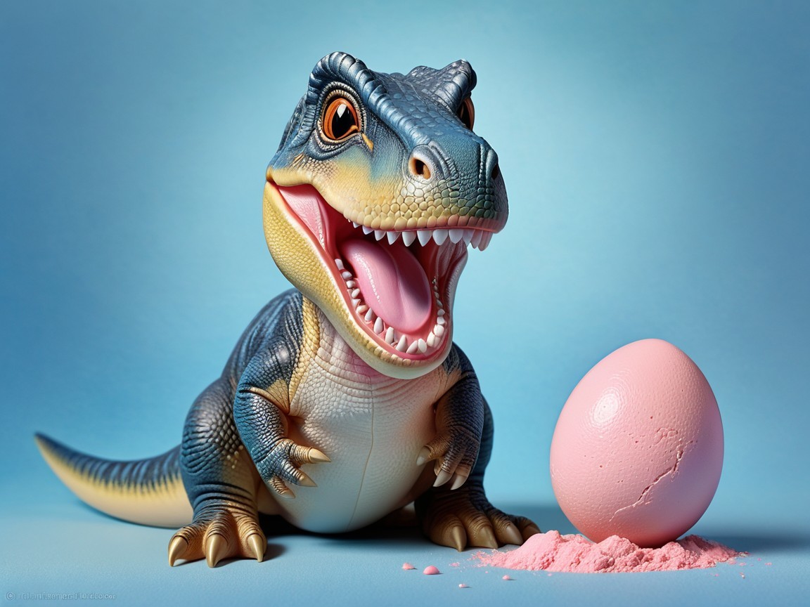 Vibrant Dinosaur Toy Next to Pink Eggshell Scene