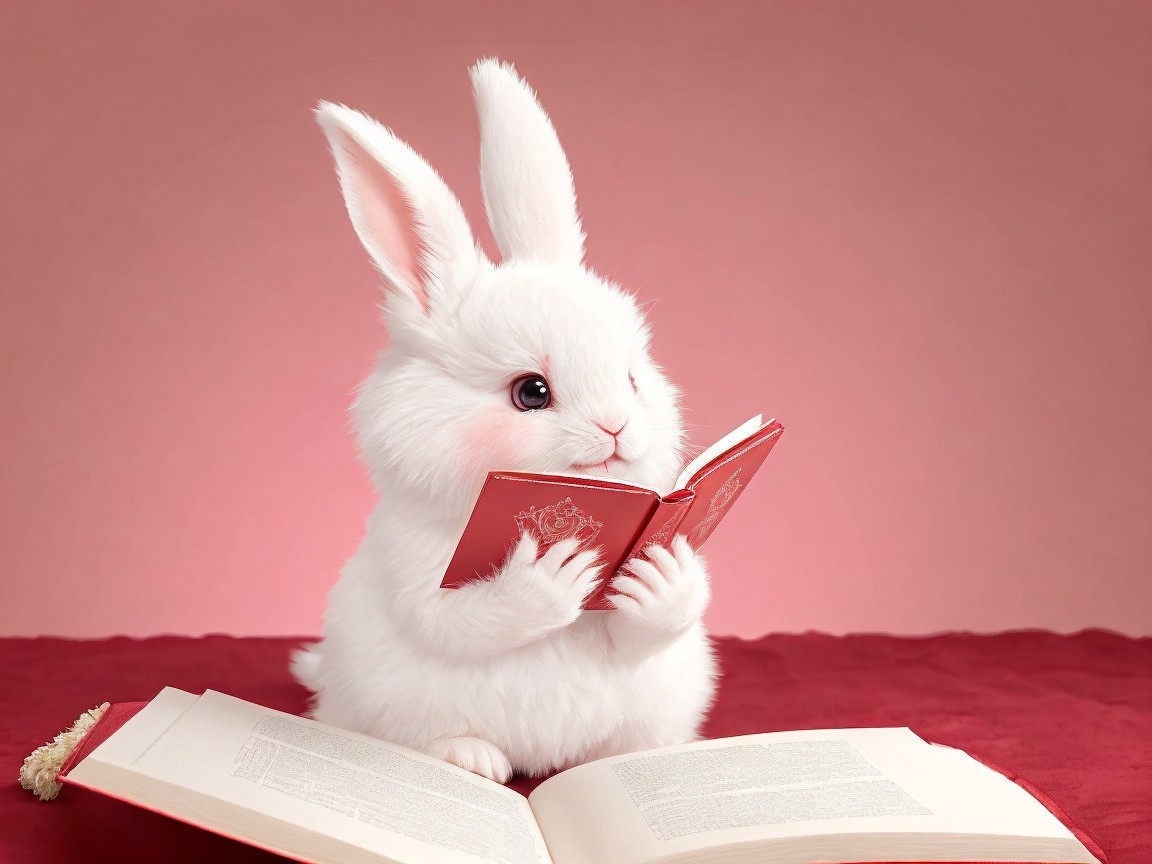 Fluffy White Rabbit Reading a Small Red Book