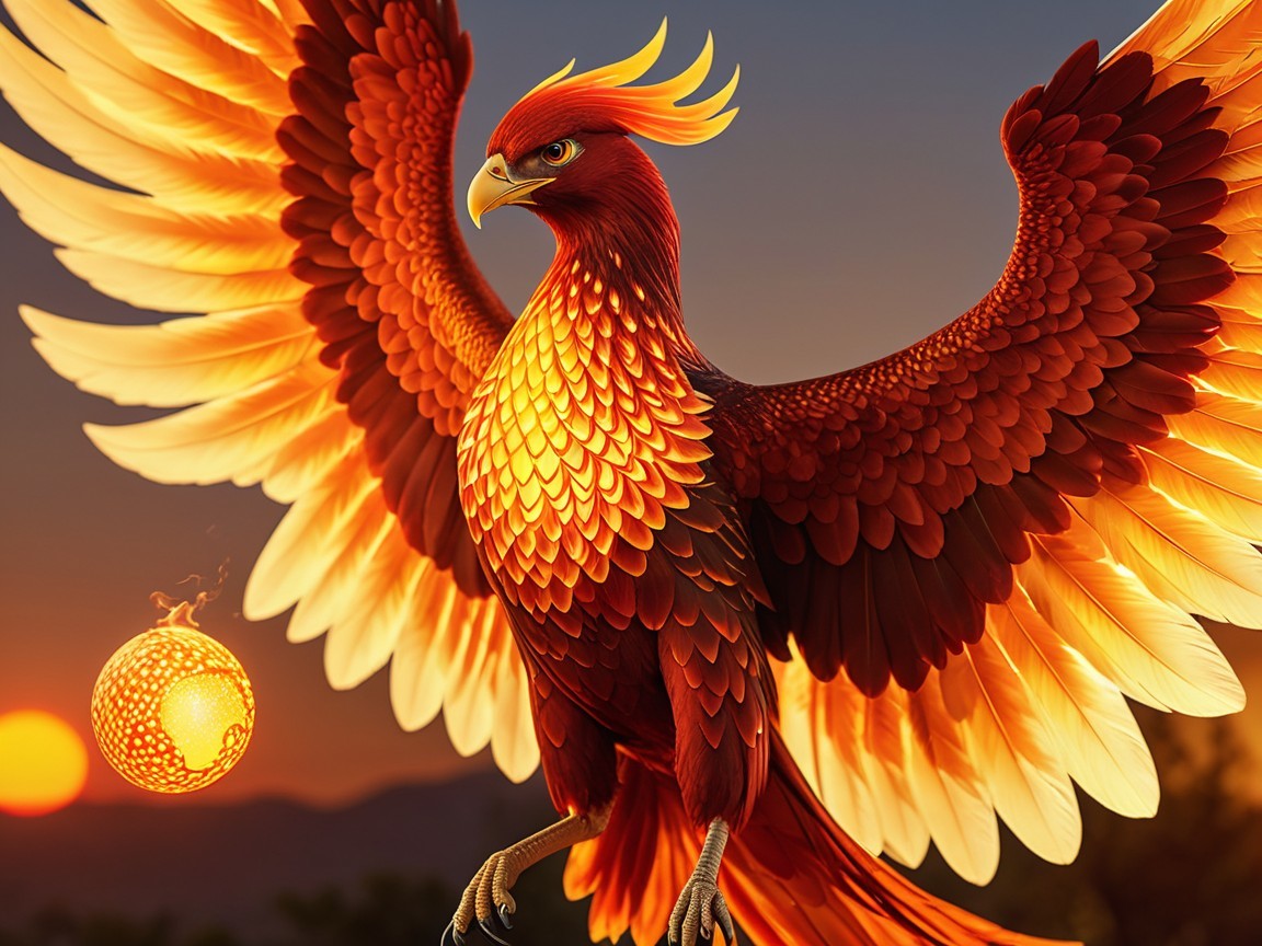 Majestic Phoenix with Red and Gold Plumage at Sunset