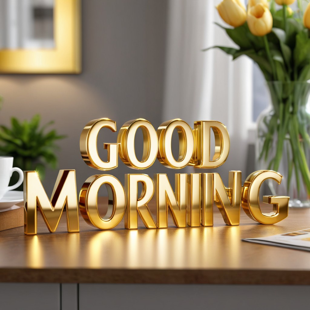 Cozy Morning Scene with Gold Letters and Tulips