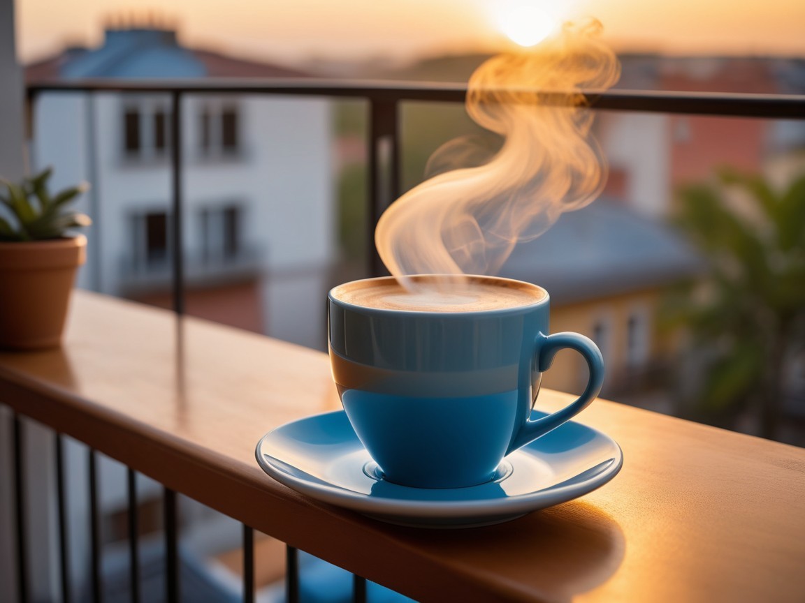 Vibrant Blue Cup with Coffee on Wooden Railing