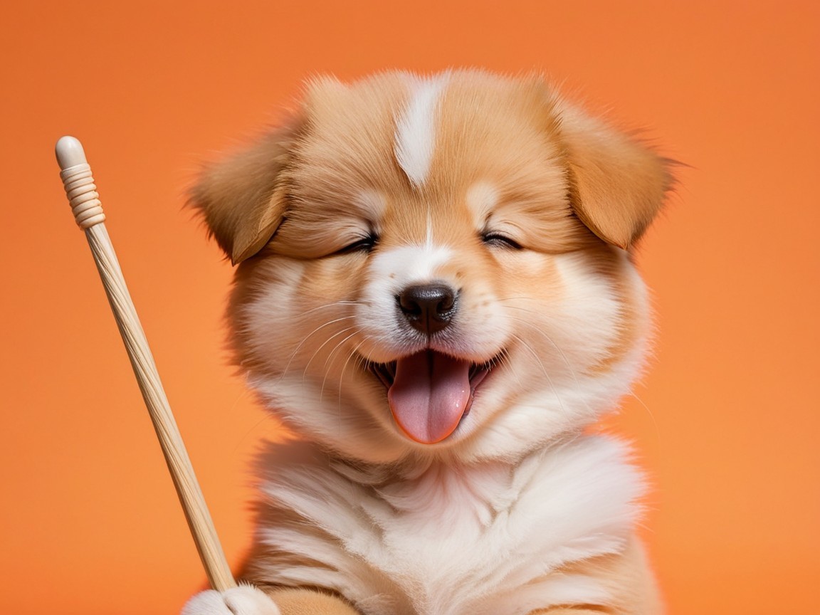 Cheerful puppy with fluffy fur on orange background