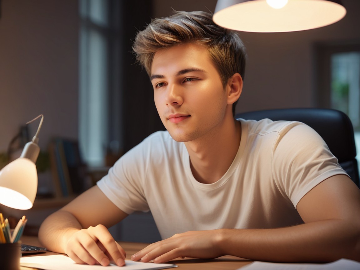 Young man at desk in softly lit room with papers