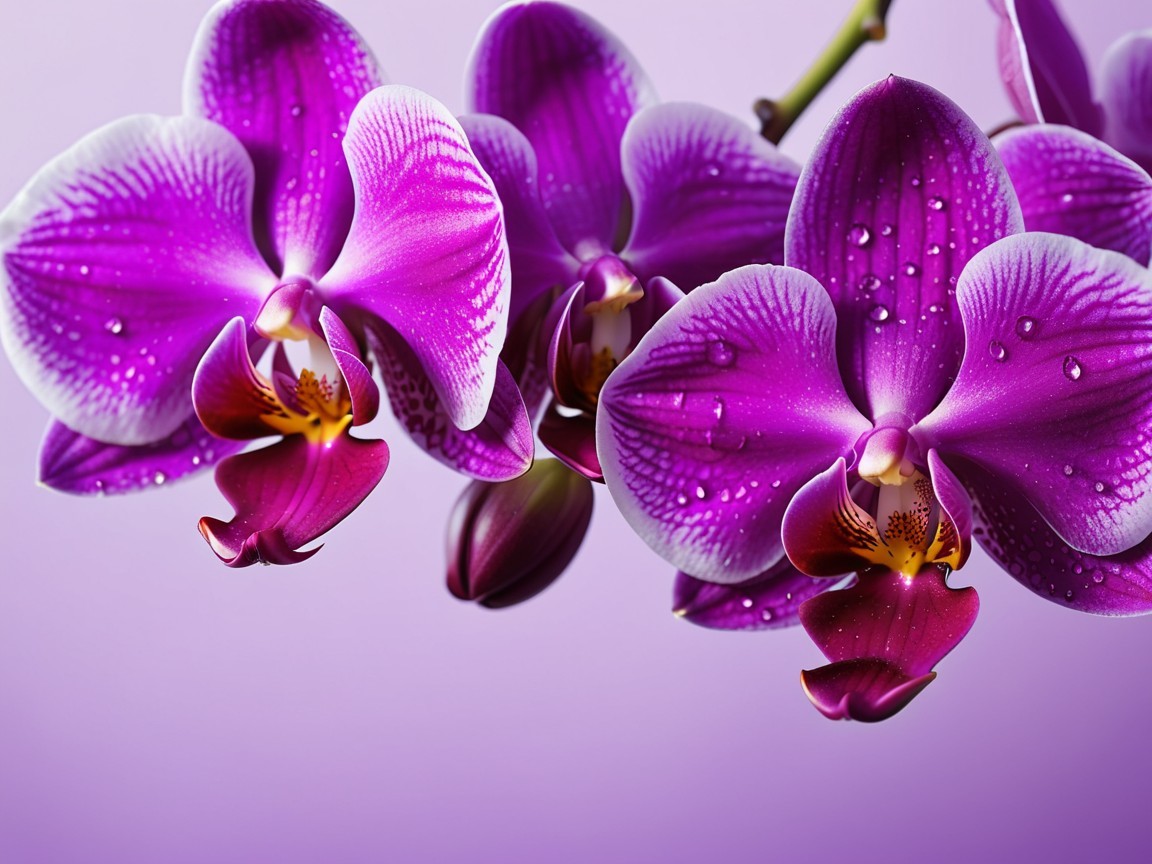 Vibrant Purple Orchids with Water Droplets and Gradient Background