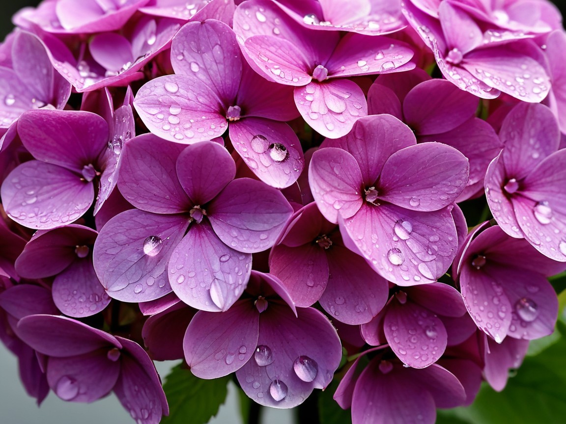 Pink Hydrangea Flowers with Water Droplets and Green Leaves