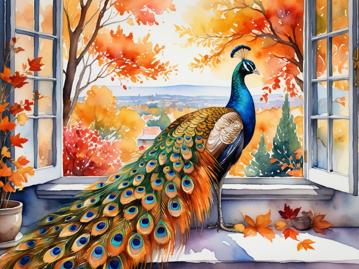 Peacock by Window with Autumn Leaves and Sunlight
