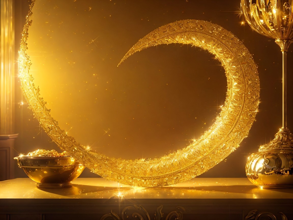 Golden Crescent Moon Sculpture with Floral Patterns