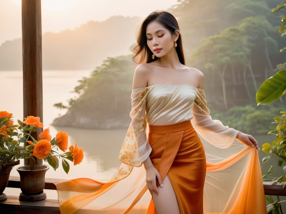 Elegant Woman on Balcony Overlooking Tranquil Water