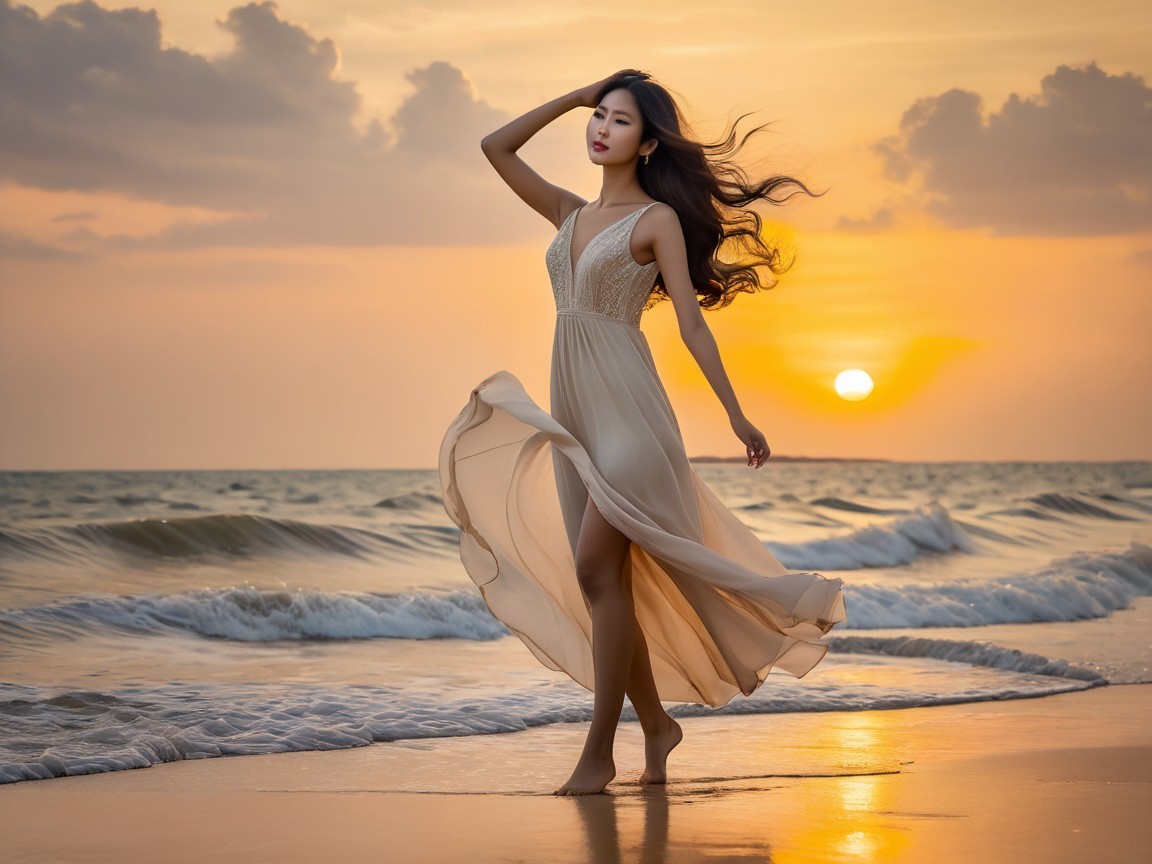 Woman in Light Dress on Beach at Sunset