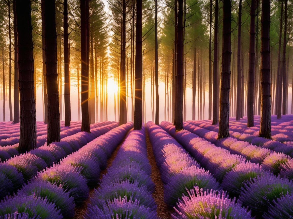 Vibrant Lavender Landscape with Serene Sunrise Glow
