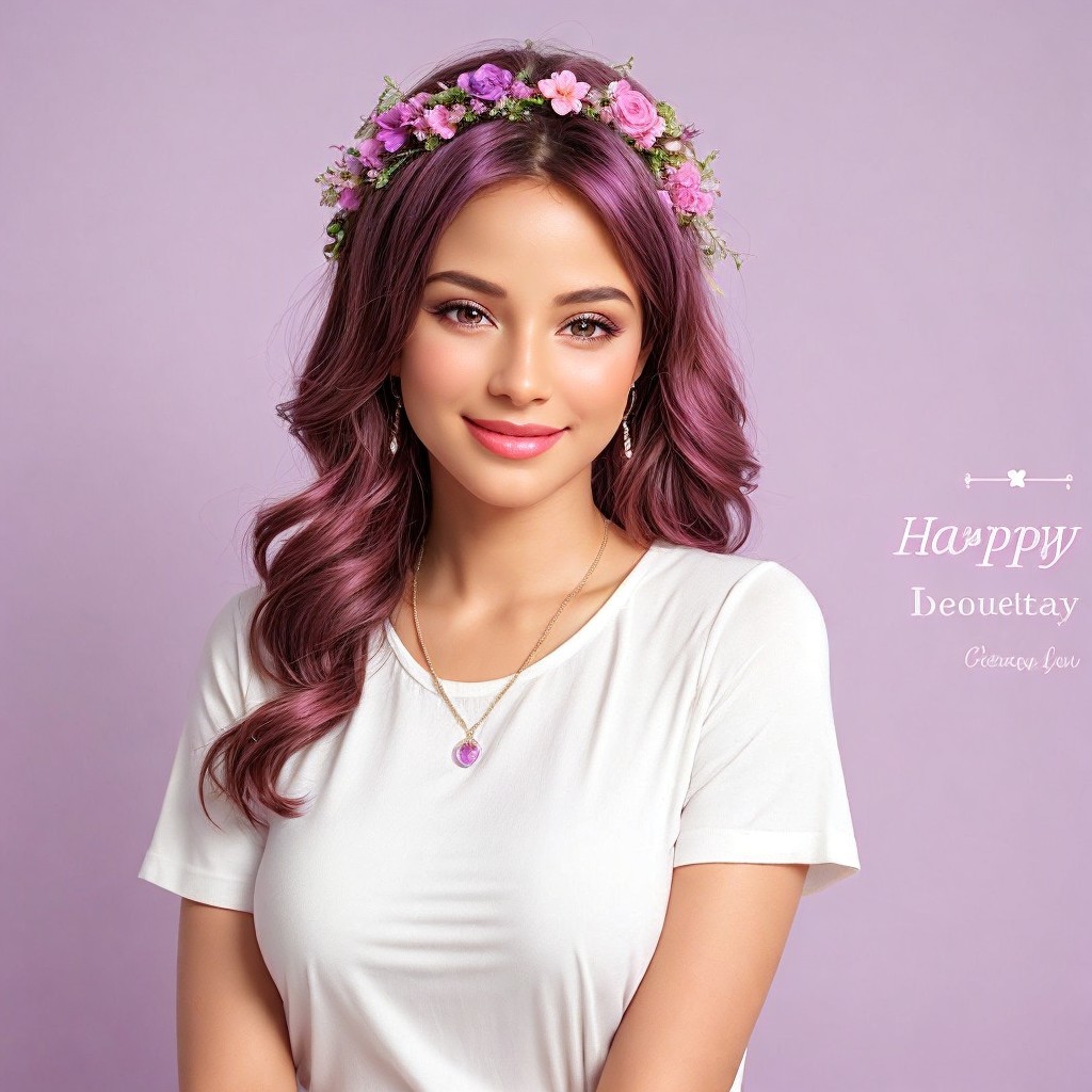 Young woman with purple hair and floral headband