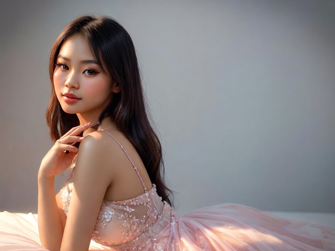 Elegant young woman in pastel pink gown with embellishments