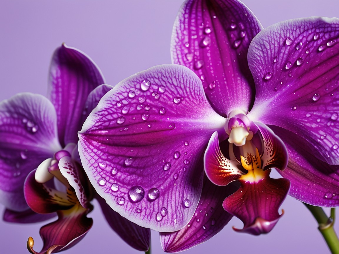 Close-up of a purple orchid with water droplets
