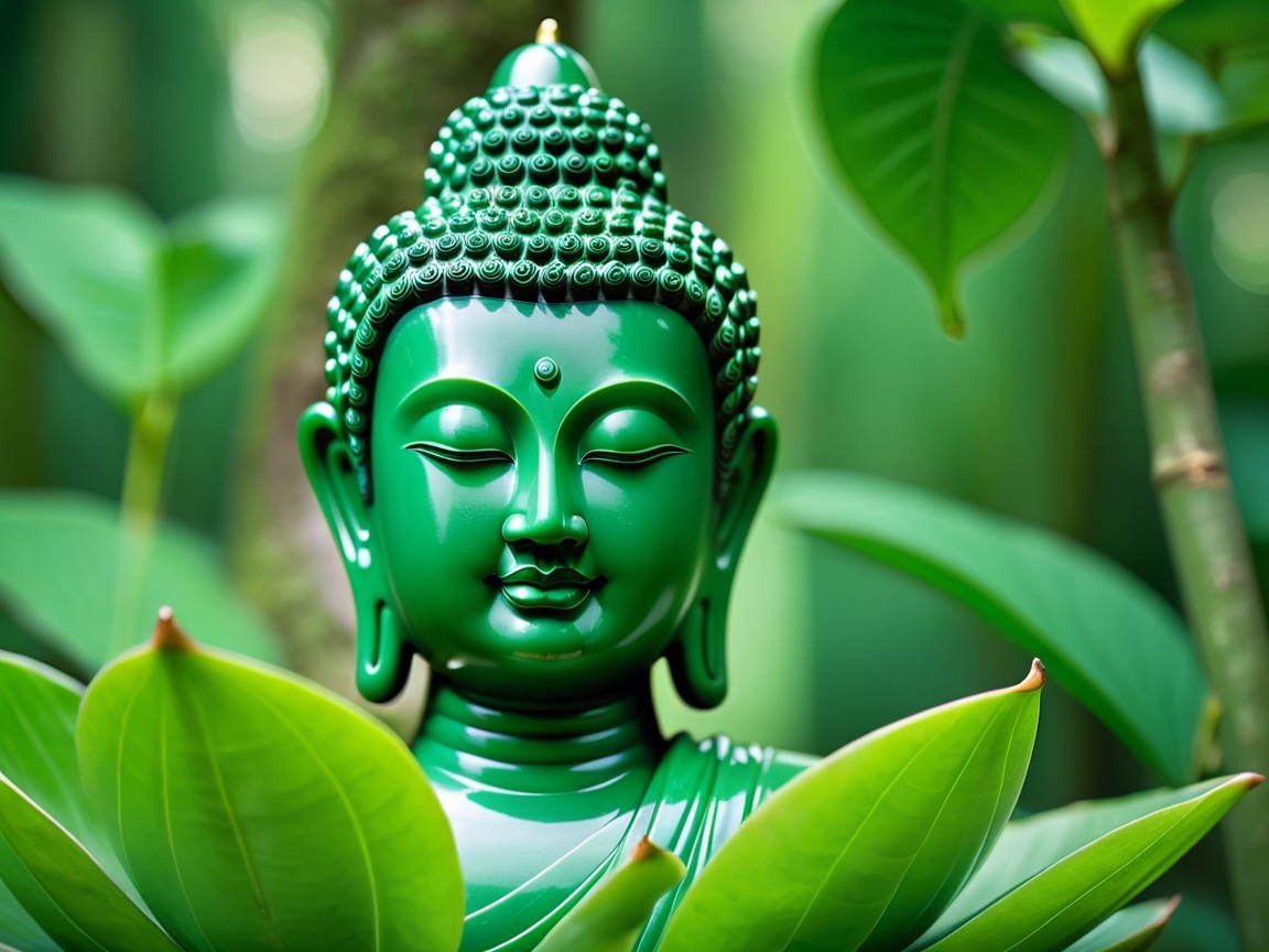 Emerald Green Buddha Statue Surrounded by Foliage