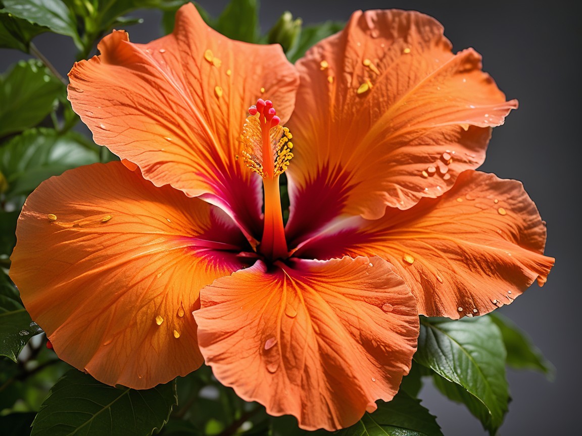 Vibrant hibiscus flower with orange petals and raindrops