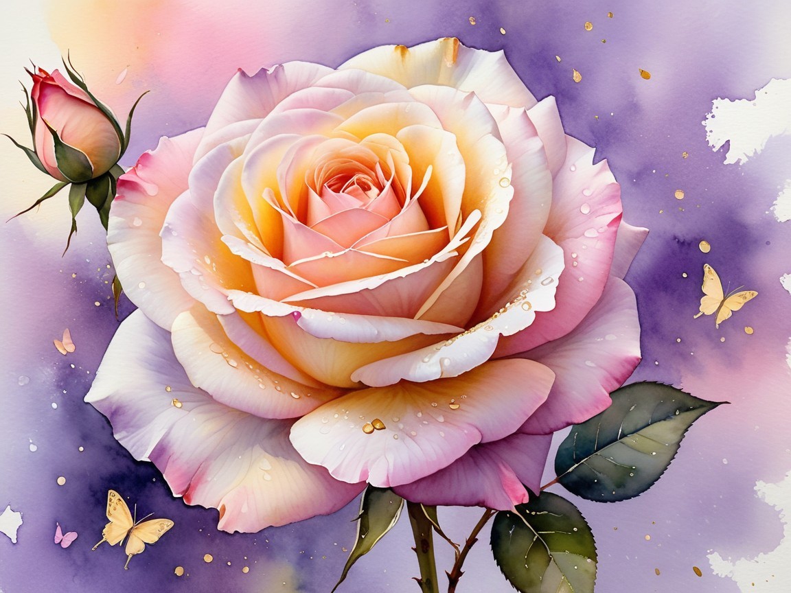 Soft Pink and Lavender Rose with Butterflies and Leaves