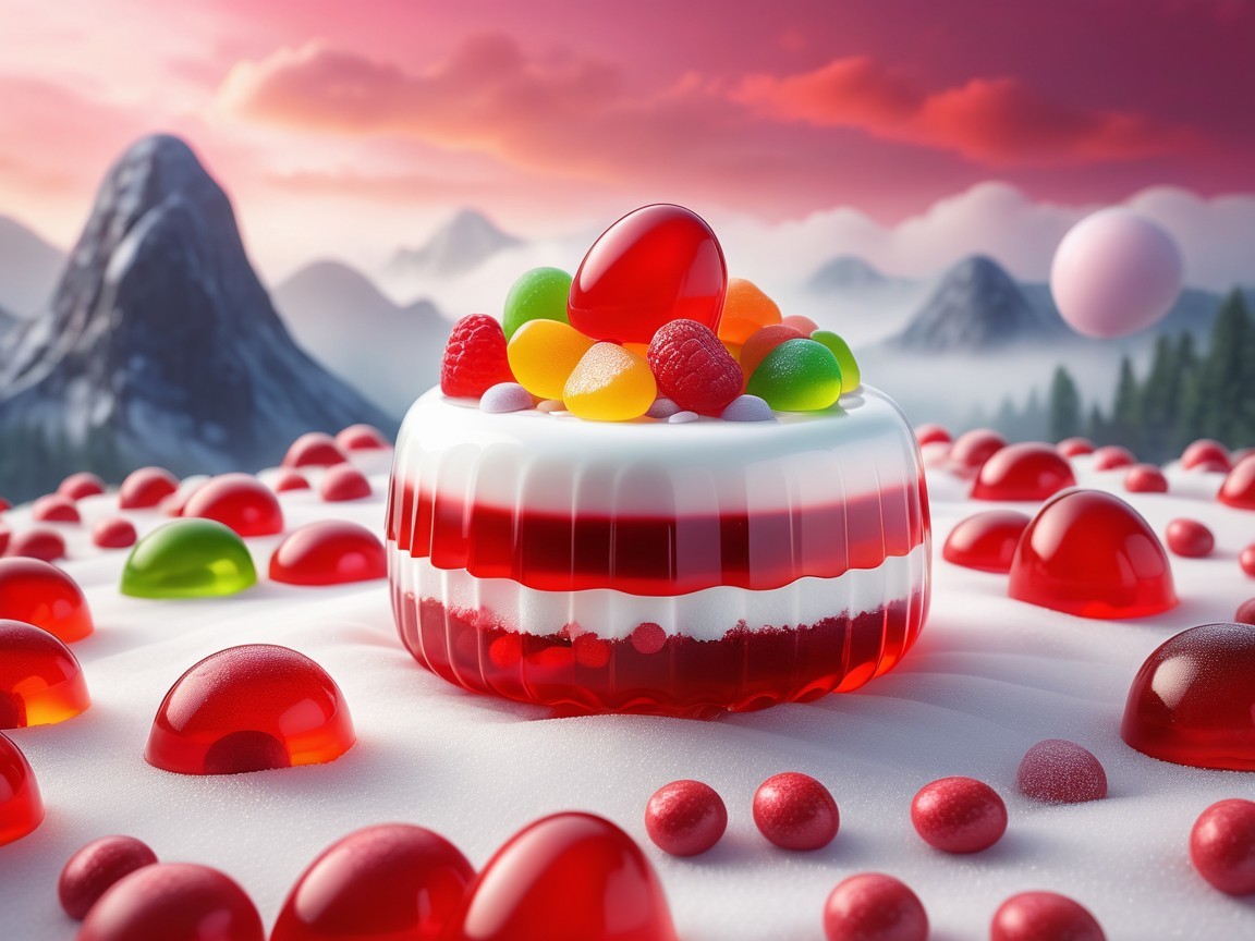 Layered jelly cake with colorful candies and raspberries