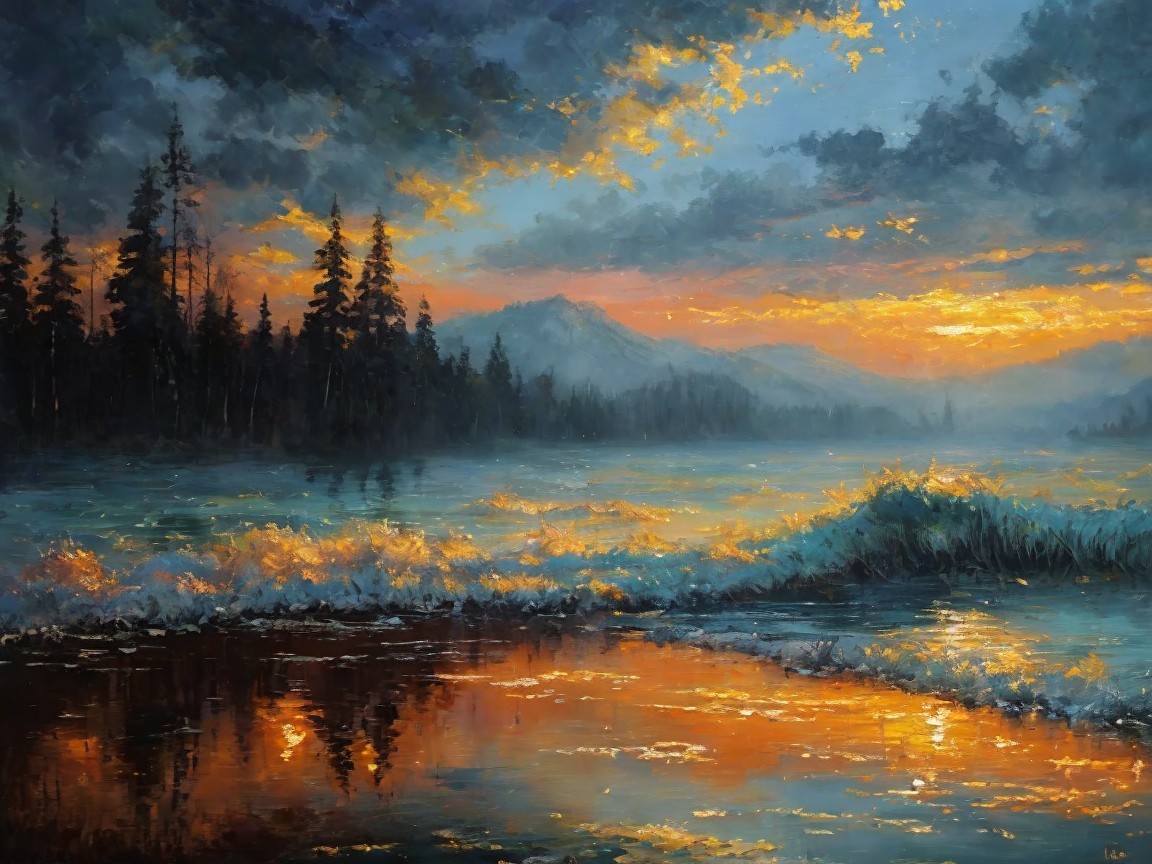 Twilight Landscape Painting by a Tranquil Lake