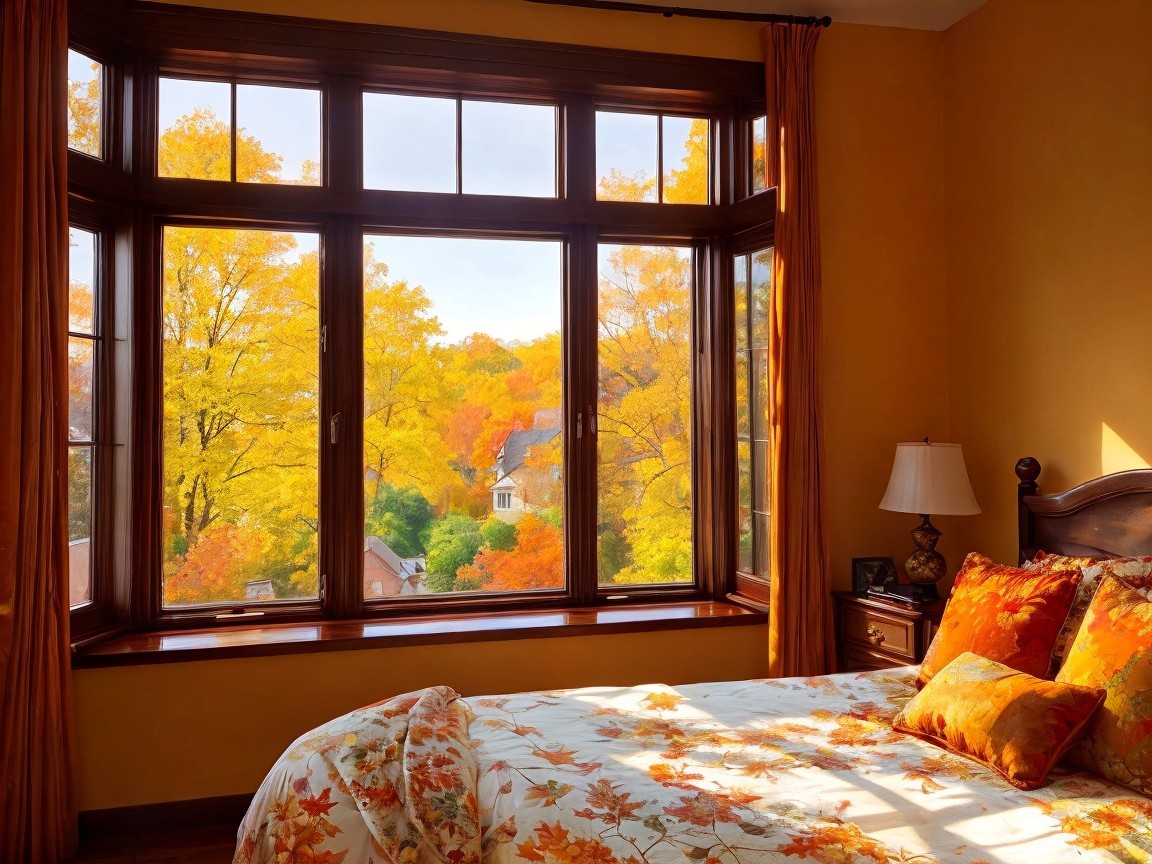 Cozy Bedroom with Autumn Landscape and Warm Accents