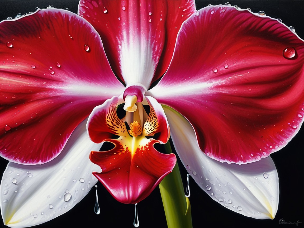 Close-up of a vibrant red orchid with dew drops