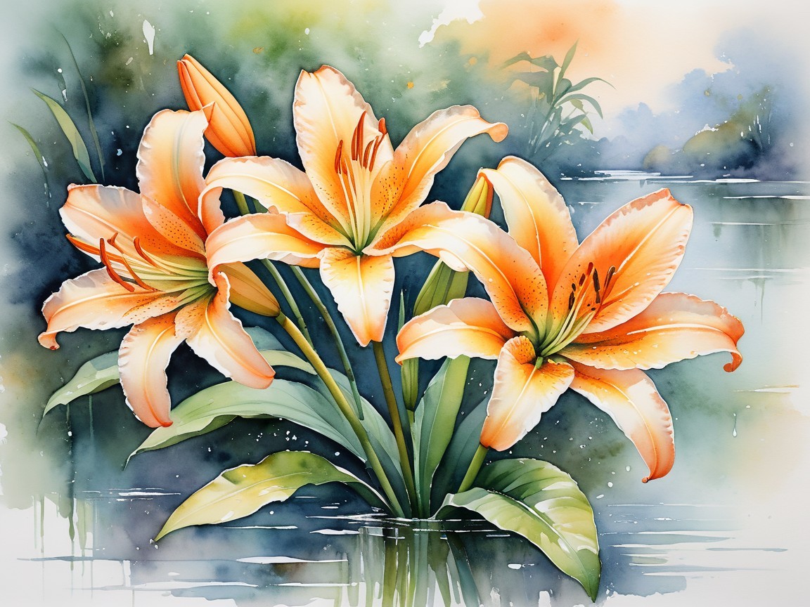Vibrant Watercolor of Three Blooming Orange Lilies